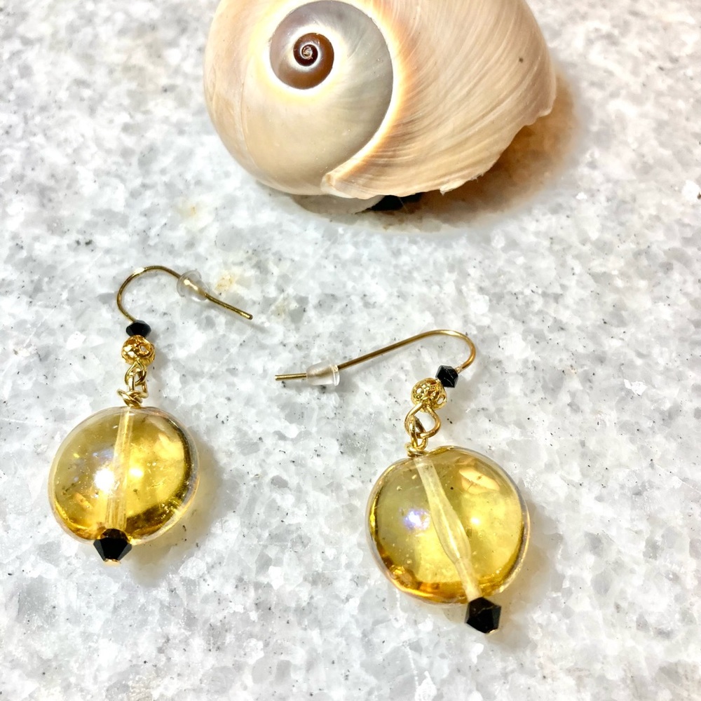 Golden yellow bead and black crystal earrings